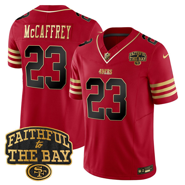 Men's San Francisco 49ers #23 Christian Mccaffrey Red 2025 F.U.S.E. Faithful To The Bay Patch Limited V8 Stitched Football Jersey Men's San Francisco 49ers #23 Christian Mccaffrey Red 2025 F.U.S.E. Faithful To The Bay Patch Limited V8 Stitched Football Jersey