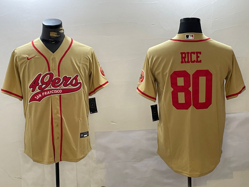 Men's San Francisco 49ers #80 Jerry Rice Gold With Patch Cool Base Stitched Baseball Jersey 1 Men's San Francisco 49ers #80 Jerry Rice Gold With Patch Cool Base Stitched Baseball Jersey 1