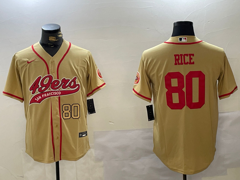 Men's San Francisco 49ers #80 Jerry Rice Gold With Patch Cool Base Stitched Baseball Jersey Men's San Francisco 49ers #80 Jerry Rice Gold With Patch Cool Base Stitched Baseball Jersey