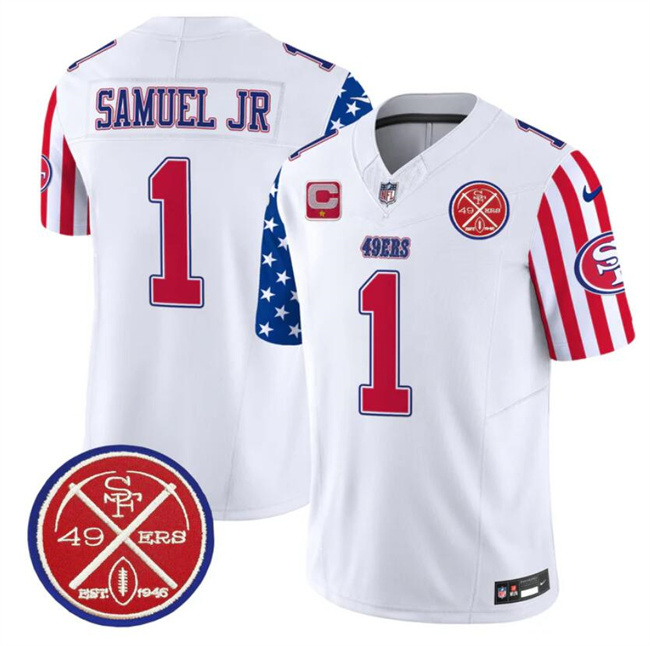 Men's San Francisco 49ers #1 Deebo Samuel White 2024 F.U.S.E. American Vapor Limited Stitched Football Jersey Men's San Francisco 49ers #1 Deebo Samuel White 2024 F.U.S.E. American Vapor Limited Stitched Football Jersey