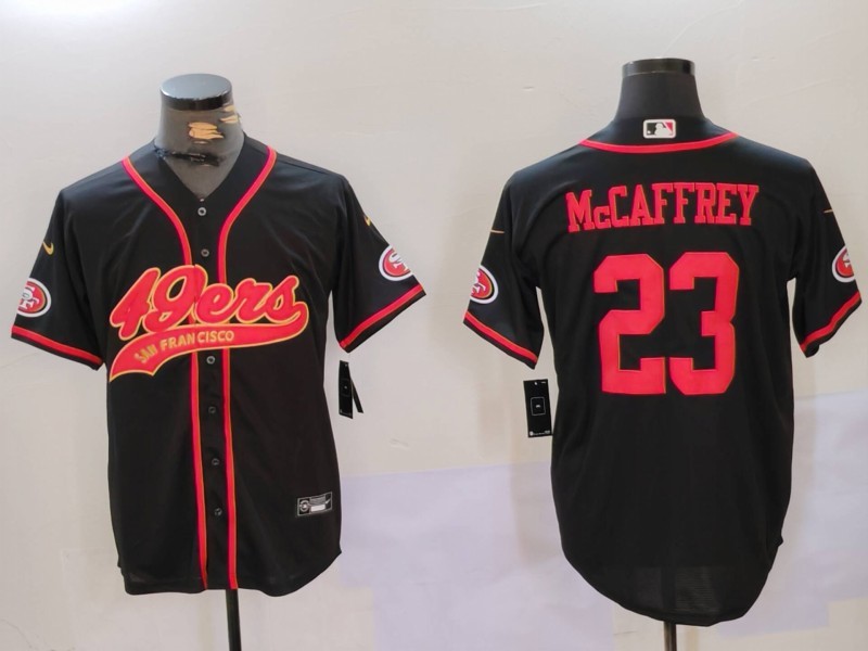 Men's San Francisco 49ers #23 Christian McCaffrey Black With Patch Cool Base Stitched Baseball Jersey 5 Men's San Francisco 49ers #23 Christian McCaffrey Black With Patch Cool Base Stitched Baseball Jersey 5