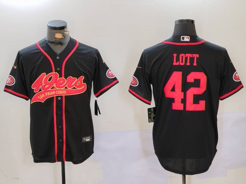 Men's San Francisco 49ers #42 Ronnie Lott Black With Patch Cool Base Stitched Baseball Jersey 3 Men's San Francisco 49ers #42 Ronnie Lott Black With Patch Cool Base Stitched Baseball Jersey 3