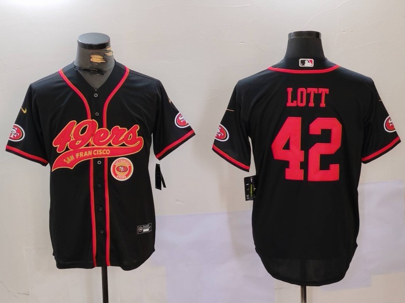 Men's San Francisco 49ers #42 Ronnie Lott Black With Patch Cool Base Stitched Baseball Jersey 1 Men's San Francisco 49ers #42 Ronnie Lott Black With Patch Cool Base Stitched Baseball Jersey 1