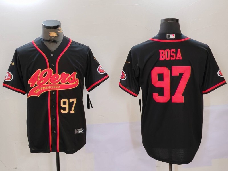 Men's San Francisco 49ers #97 Nick Bosa Black With Patch Cool Base Stitched Baseball Jersey 3 Men's San Francisco 49ers #97 Nick Bosa Black With Patch Cool Base Stitched Baseball Jersey 3