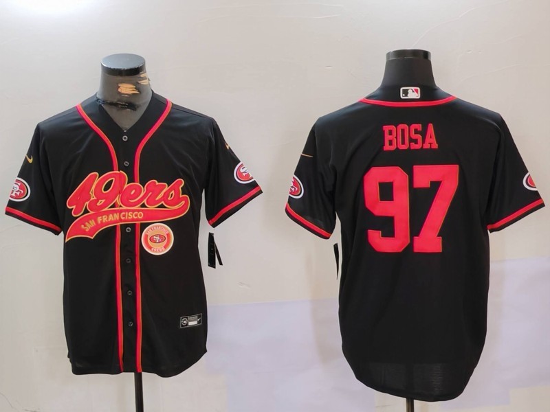 Men's San Francisco 49ers #97 Nick Bosa Black With Patch Cool Base Stitched Baseball Jersey Men's San Francisco 49ers #97 Nick Bosa Black With Patch Cool Base Stitched Baseball Jersey