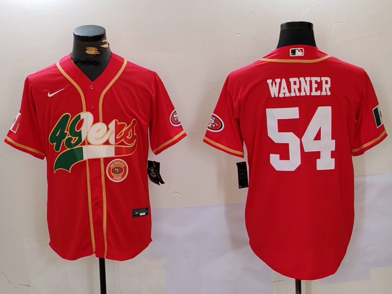 Men's San Francisco 49ers #54 Fred Warner Red With Patch Cool Base Stitched Baseball Jersey Men's San Francisco 49ers #54 Fred Warner Red With Patch Cool Base Stitched Baseball Jersey