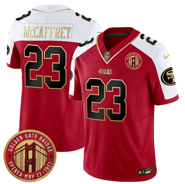 Men's San Francisco 49ers #23 Christian McCaffrey Red F.U.S.E. Golden Gate Bridge Patch Alternate Vapor Limited Stitched Football Jersey Men's San Francisco 49ers #23 Christian McCaffrey Red F.U.S.E. Golden Gate Bridge Patch Alternate Vapor Limited Stitched Football Jersey