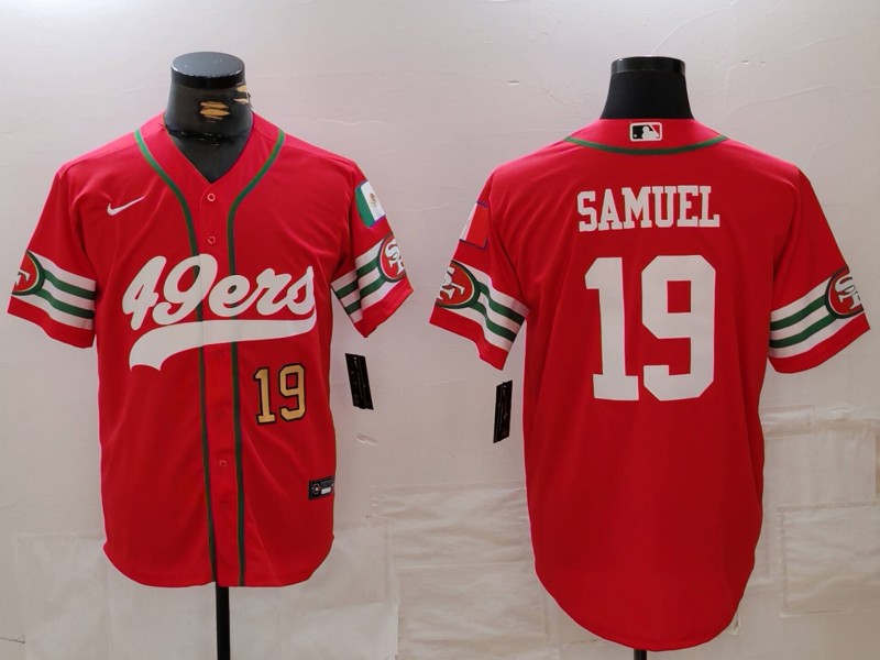 Men's San Francisco 49ers #19 Deebo Samuel Red With Patch Cool Base Stitched Baseball Jersey 2 Men's San Francisco 49ers #19 Deebo Samuel Red With Patch Cool Base Stitched Baseball Jersey 2