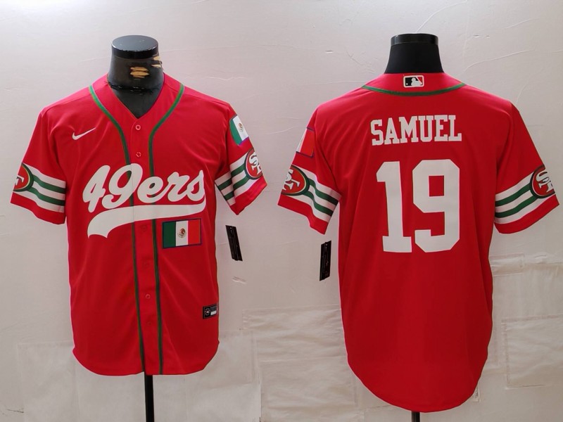 Men's San Francisco 49ers #19 Deebo Samuel Red With Patch Cool Base Stitched Baseball Jersey 1 Men's San Francisco 49ers #19 Deebo Samuel Red With Patch Cool Base Stitched Baseball Jersey 1