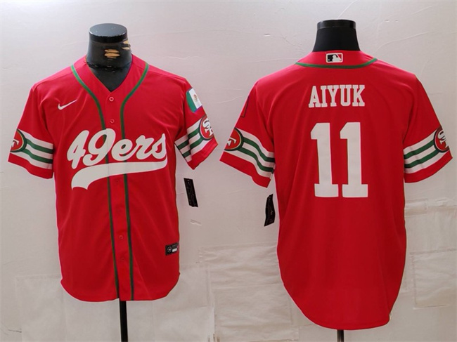 Men's San Francisco 49ers #11 Brandon Aiyuk Red With Patch Cool Base Stitched Baseball Jersey Men's San Francisco 49ers #11 Brandon Aiyuk Red With Patch Cool Base Stitched Baseball Jersey