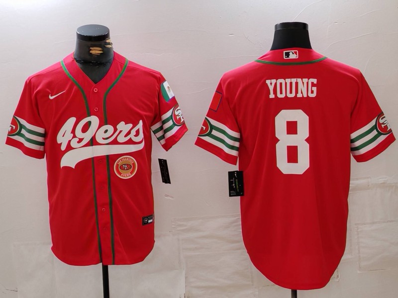 Men's San Francisco 49ers #8 Steve Young Red With Patch Cool Base Stitched Baseball Jersey 1 Men's San Francisco 49ers #8 Steve Young Red With Patch Cool Base Stitched Baseball Jersey 1
