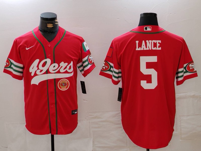 Men's San Francisco 49ers #5 Trey Lance Red With Patch Cool Base Stitched Baseball Jersey 3 Men's San Francisco 49ers #5 Trey Lance Red With Patch Cool Base Stitched Baseball Jersey 3