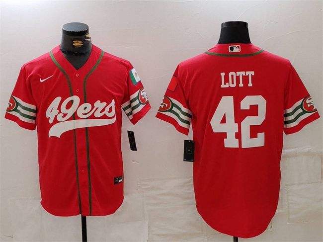 Men's San Francisco 49ers #42 Ronnie Lott Red With Patch Cool Base Stitched Baseball Jersey Men's San Francisco 49ers #42 Ronnie Lott Red With Patch Cool Base Stitched Baseball Jersey