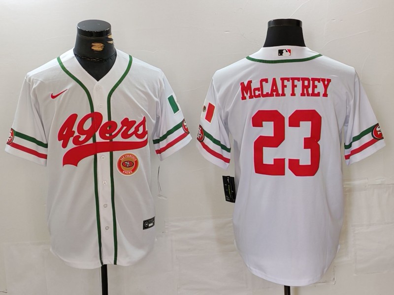 Men's San Francisco 49ers #23 Christian McCaffrey White With Patch Cool Base Stitched Baseball Jersey 1 Men's San Francisco 49ers #23 Christian McCaffrey White With Patch Cool Base Stitched Baseball Jersey 1