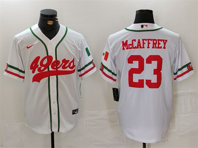 Men's San Francisco 49ers #23 Christian McCaffrey White With Patch Cool Base Stitched Baseball Jersey Men's San Francisco 49ers #23 Christian McCaffrey White With Patch Cool Base Stitched Baseball Jersey