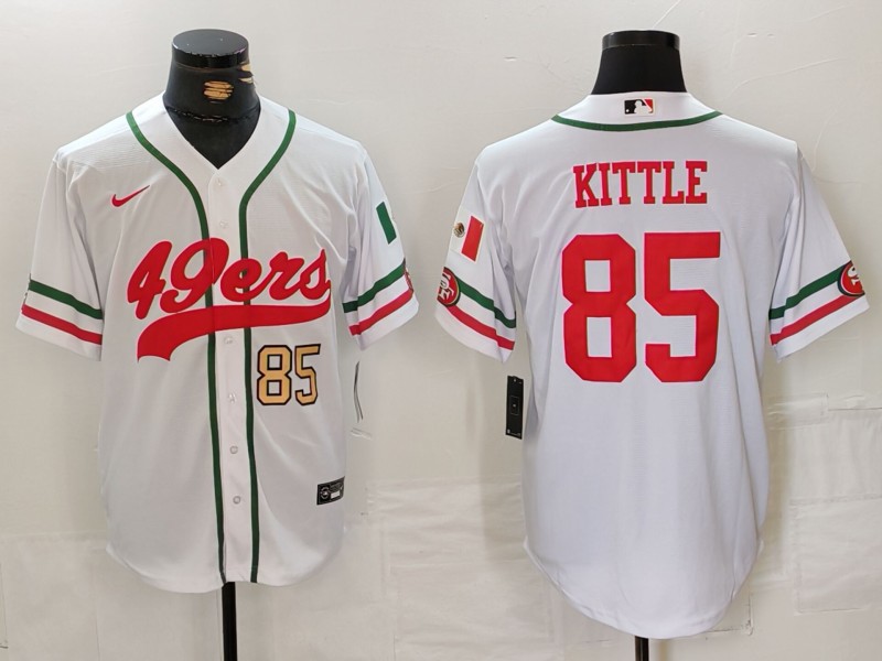 Men's San Francisco 49ers #85 George Kittle White With Patch Cool Base Stitched Baseball Jersey 2 Men's San Francisco 49ers #85 George Kittle White With Patch Cool Base Stitched Baseball Jersey 2