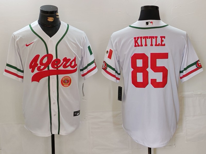 Men's San Francisco 49ers #85 George Kittle White With Patch Cool Base Stitched Baseball Jersey 1 Men's San Francisco 49ers #85 George Kittle White With Patch Cool Base Stitched Baseball Jersey 1