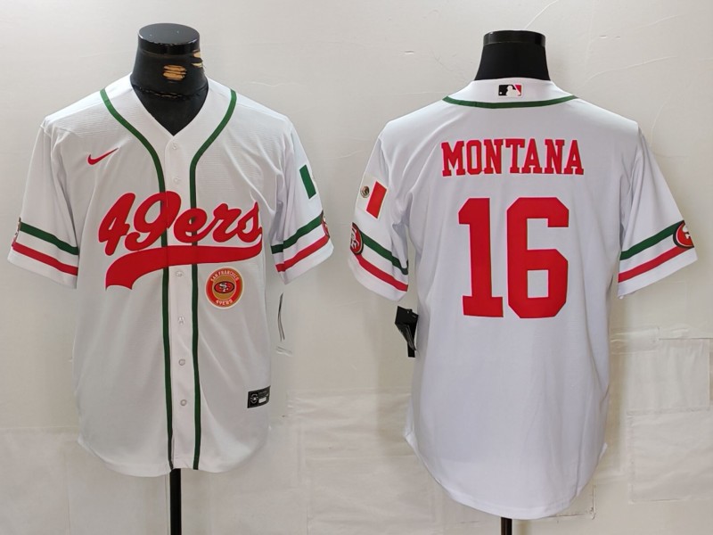 Men's San Francisco 49ers #16 Joe Montana White With Patch Cool Base Stitched Baseball Jersey 1 Men's San Francisco 49ers #16 Joe Montana White With Patch Cool Base Stitched Baseball Jersey 1
