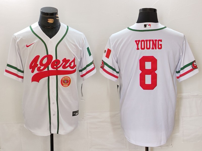 Men's San Francisco 49ers #8 Steve Young White With Patch Cool Base Stitched Baseball Jersey 1 Men's San Francisco 49ers #8 Steve Young White With Patch Cool Base Stitched Baseball Jersey 1
