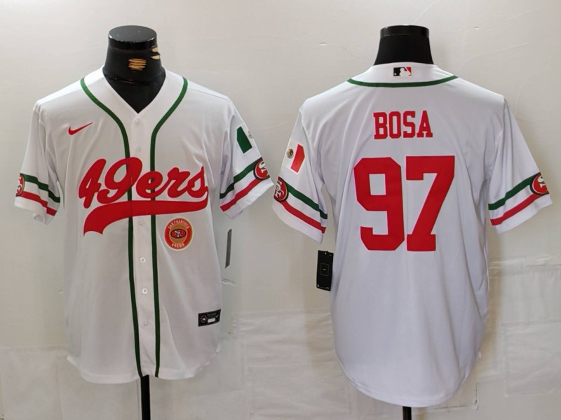 Men's San Francisco 49ers #97 Nick Bosa White With Patch Cool Base Stitched Baseball Jersey 2 Men's San Francisco 49ers #97 Nick Bosa White With Patch Cool Base Stitched Baseball Jersey 2