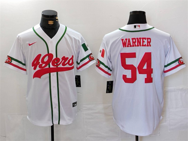 Men's San Francisco 49ers #54 Fred Warner White With Patch Cool Base Stitched Baseball Jersey Men's San Francisco 49ers #54 Fred Warner White With Patch Cool Base Stitched Baseball Jersey
