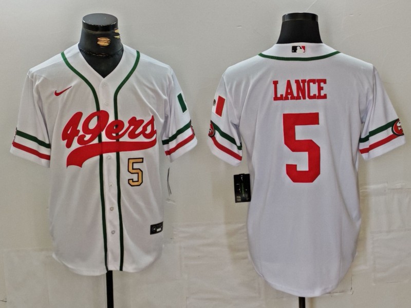 Men's San Francisco 49ers #5 Trey Lance White With Patch Cool Base Stitched Baseball Jersey 2 Men's San Francisco 49ers #5 Trey Lance White With Patch Cool Base Stitched Baseball Jersey 2