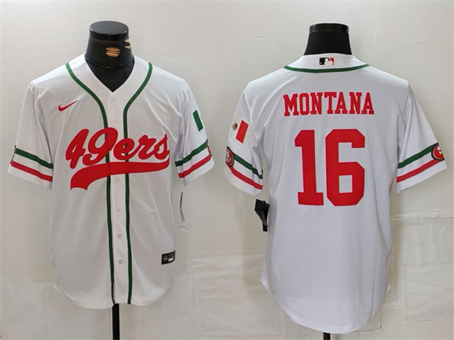 Men's San Francisco 49ers #16 Joe Montana White With Patch Cool Base Stitched Baseball Jersey Men's San Francisco 49ers #16 Joe Montana White With Patch Cool Base Stitched Baseball Jersey