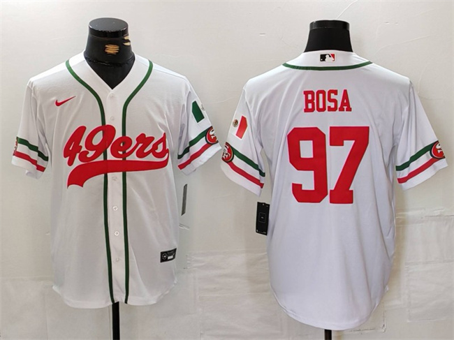 Men's San Francisco 49ers #97 Nick Bosa White With Patch Cool Base Stitched Baseball Jersey Men's San Francisco 49ers #97 Nick Bosa White With Patch Cool Base Stitched Baseball Jersey