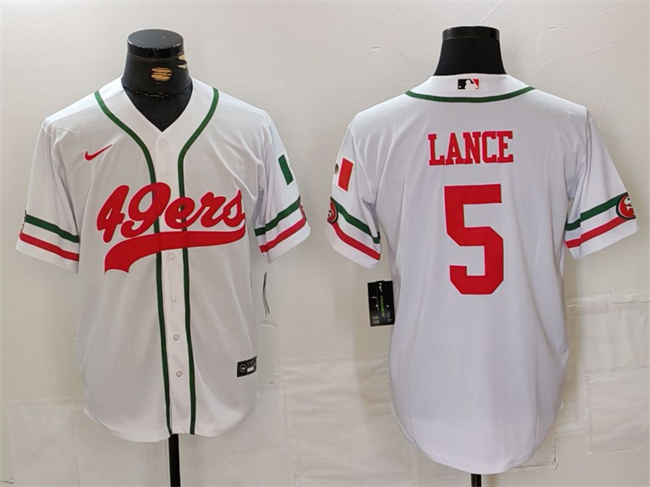 Men's San Francisco 49ers #5 Trey Lance White With Patch Cool Base Stitched Baseball Jersey Men's San Francisco 49ers #5 Trey Lance White With Patch Cool Base Stitched Baseball Jersey