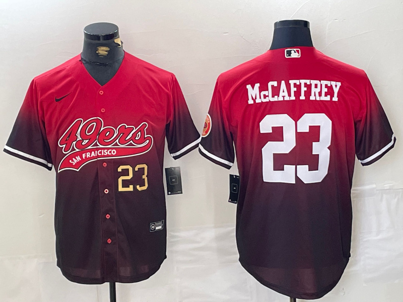 Men's San Francisco 49ers #23 Christian McCaffrey Red Black With Patch Cool Base Stitched Baseball Jersey 2 Men's San Francisco 49ers #23 Christian McCaffrey Red Black With Patch Cool Base Stitched Baseball Jersey 2