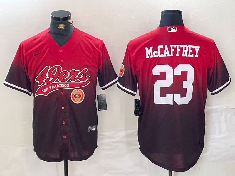 Men's San Francisco 49ers #23 Christian McCaffrey Red Black With Patch Cool Base Stitched Baseball Jersey 1 Men's San Francisco 49ers #23 Christian McCaffrey Red Black With Patch Cool Base Stitched Baseball Jersey 1
