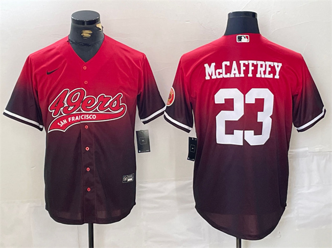 Men's San Francisco 49ers #23 Christian McCaffrey Red Black With Patch Cool Base Stitched Baseball Jersey Men's San Francisco 49ers #23 Christian McCaffrey Red Black With Patch Cool Base Stitched Baseball Jersey