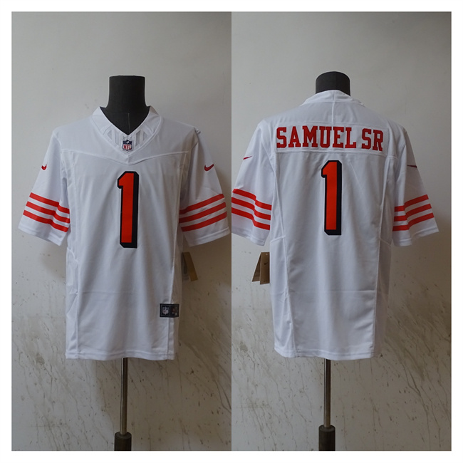 Men's San Francisco 49ers #1 Deebo Samuel White 2023 F.U.S.E Vapor Untouchable Limited Stitched Football Jersey Men's San Francisco 49ers #1 Deebo Samuel White 2023 F.U.S.E Vapor Untouchable Limited Stitched Football Jersey