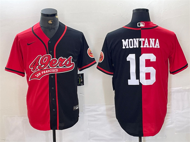 Men's San Francisco 49ers #16 Joe Montana Red Black Split With Patch Cool Base Stitched Baseball Jersey Men's San Francisco 49ers #16 Joe Montana Red Black Split With Patch Cool Base Stitched Baseball Jersey
