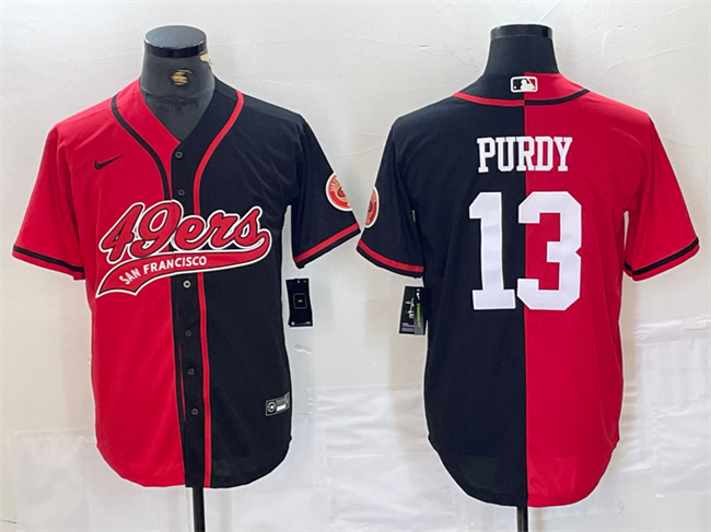 Men's San Francisco 49ers #13 Brock Purdy Red Black Split With Patch Cool Base Stitched Baseball Jersey Men's San Francisco 49ers #13 Brock Purdy Red Black Split With Patch Cool Base Stitched Baseball Jersey