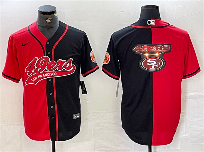 Men's San Francisco 49ers Red Black Split Team Big Logo With Patch Cool Base Stitched Baseball Jersey Men's San Francisco 49ers Red Black Split Team Big Logo With Patch Cool Base Stitched Baseball Jersey