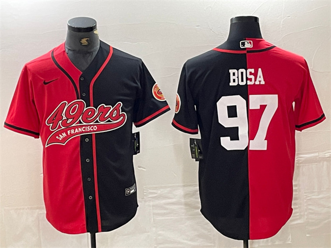 Men's San Francisco 49ers #97 Nick Bosa Red Black Split With Patch Cool Base Stitched Baseball Jersey Men's San Francisco 49ers #97 Nick Bosa Red Black Split With Patch Cool Base Stitched Baseball Jersey