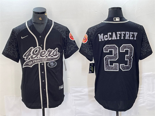 Men's San Francisco 49ers #23 Christian McCaffrey Black Reflective With Patch Cool Base Stitched Baseball Jersey Men's San Francisco 49ers #23 Christian McCaffrey Black Reflective With Patch Cool Base Stitched Baseball Jersey