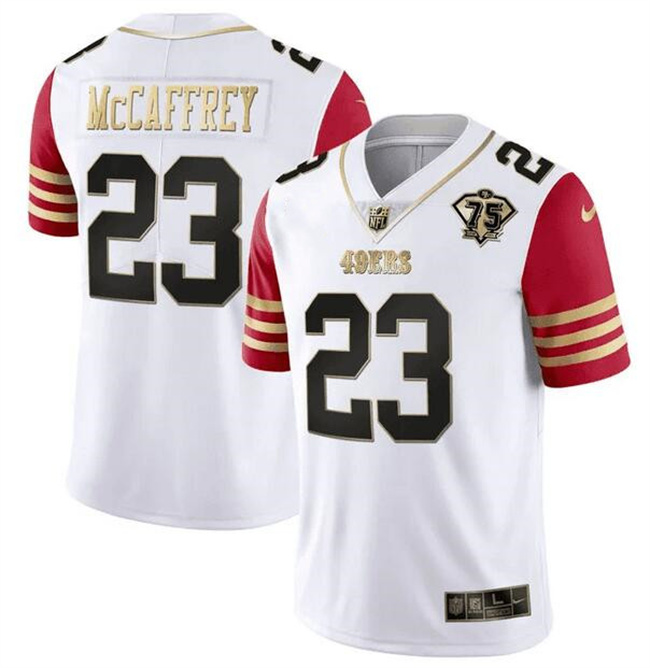 Men's San Francisco 49ers #23 Christian McCaffrey White Red With 75th Anniversary Patch Stitched Jersey Men's San Francisco 49ers #23 Christian McCaffrey White Red With 75th Anniversary Patch Stitched Jersey