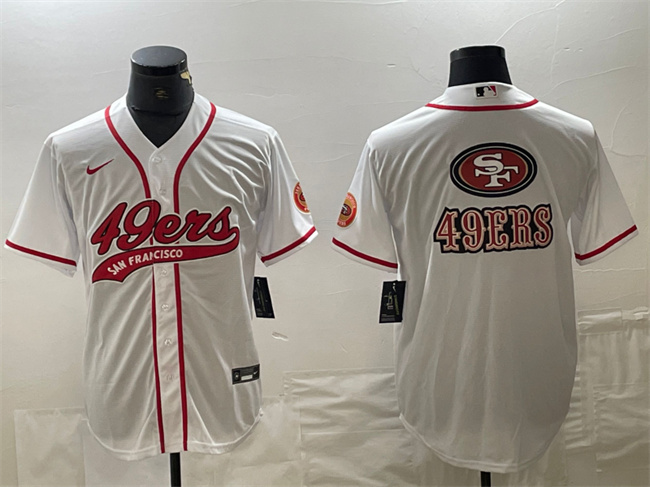 Men's San Francisco 49ers White Team Big Logo With Patch Cool Base Stitched Baseball Jersey Men's San Francisco 49ers White Team Big Logo With Patch Cool Base Stitched Baseball Jersey
