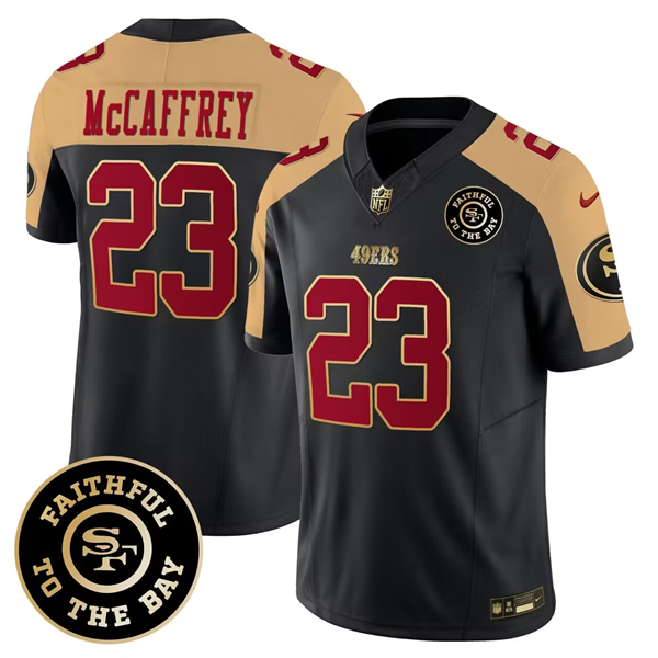 Men's San Francisco 49ers #23 Christian McCaffrey Black Gold 2023 F.U.S.E. Faithful To The Bay Patch Stitched Jersey Men's San Francisco 49ers #23 Christian McCaffrey Black Gold 2023 F.U.S.E. Faithful To The Bay Patch Stitched Jersey