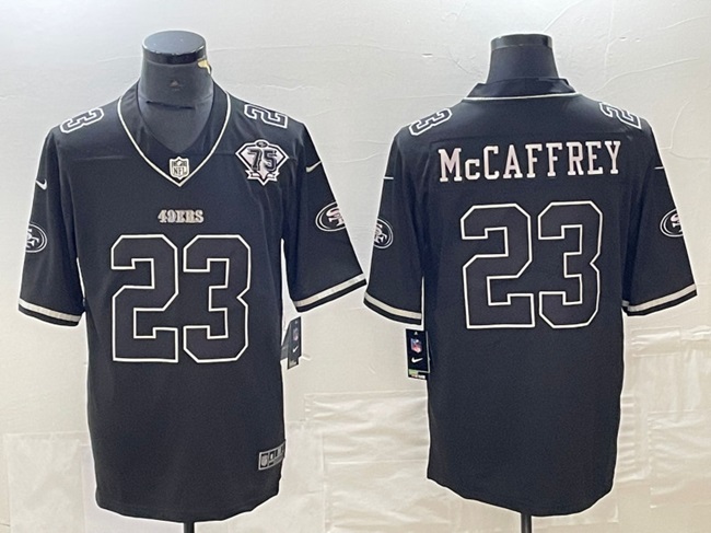 Men's San Francisco 49ers #23 Christian McCaffrey Black With 75th Anniversary Patch Stitched Jersey Men's San Francisco 49ers #23 Christian McCaffrey Black With 75th Anniversary Patch Stitched Jersey