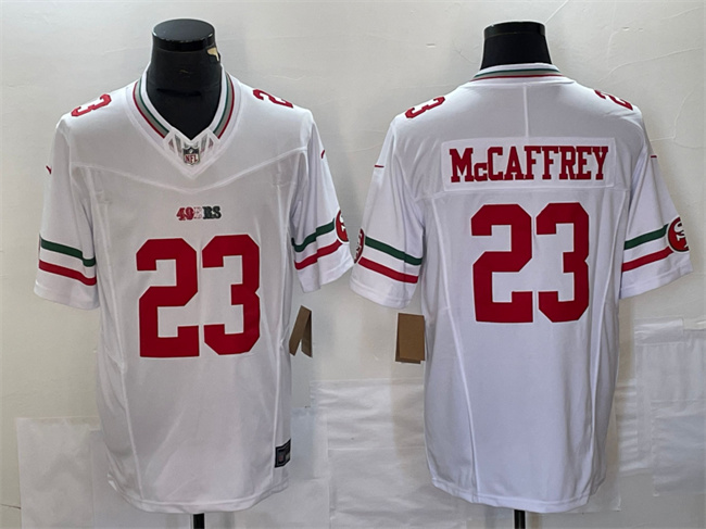 Men's San Francisco 49ers #23 Christian McCaffrey White 2023 F.U.S.E. Vapor Untouchable Limited Stitched Football Jersey Men's San Francisco 49ers #23 Christian McCaffrey White 2023 F.U.S.E. Vapor Untouchable Limited Stitched Football Jersey