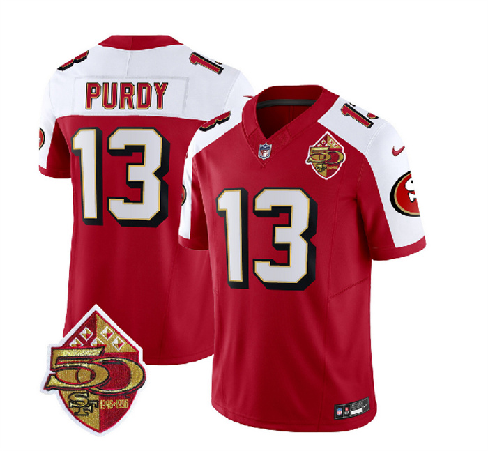 Men's San Francisco 49ers #13 Brock Purdy Red White 2023 F.U.S.E. 50th Patch Throwback Stitched Football Jersey Men's San Francisco 49ers #13 Brock Purdy Red White 2023 F.U.S.E. 50th Patch Throwback Stitched Football Jersey