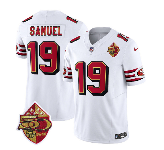 Men's San Francisco 49ers #19 Deebo Samuel White 2023 F.U.S.E. 50th Patch Throwback Stitched Football Jersey Men's San Francisco 49ers #19 Deebo Samuel White 2023 F.U.S.E. 50th Patch Throwback Stitched Football Jersey
