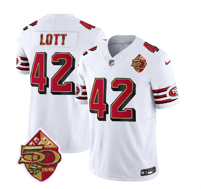 Men's San Francisco 49ers #42 Ronnie Lott White 2023 F.U.S.E. 50th Patch Throwback Stitched Football Jersey Men's San Francisco 49ers #42 Ronnie Lott White 2023 F.U.S.E. 50th Patch Throwback Stitched Football Jersey