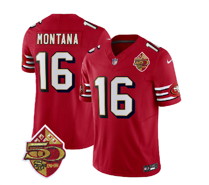 Men's San Francisco 49ers #16 Joe Montana Red 2023 F.U.S.E. 50th Patch Throwback Stitched Football Jersey Men's San Francisco 49ers #16 Joe Montana Red 2023 F.U.S.E. 50th Patch Throwback Stitched Football Jersey