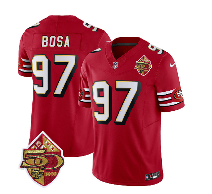 Men's San Francisco 49ers #97 Nick Bosa Red 2023 F.U.S.E. 50th Patch Throwback Stitched Football Jersey Men's San Francisco 49ers #97 Nick Bosa Red 2023 F.U.S.E. 50th Patch Throwback Stitched Football Jersey