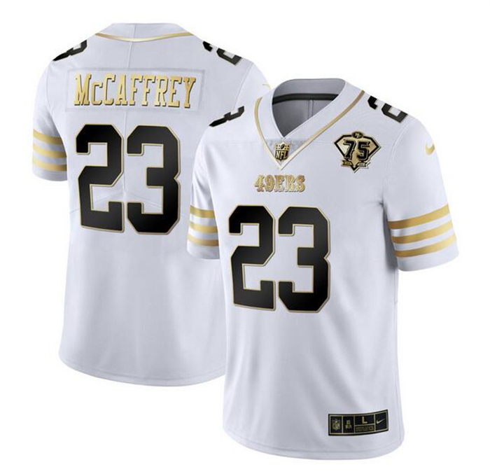 Men's San Francisco 49ers #23 Christian McCaffrey White Gold With 75th Patch Stitched Jersey Men's San Francisco 49ers #23 Christian McCaffrey White Gold With 75th Patch Stitched Jersey