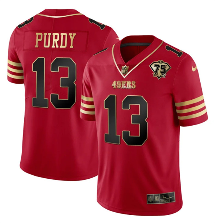 Men's San Francisco 49ers #13 Brock Purdy Red Gold With 75th Patch Cool Base Stitched Jersey Men's San Francisco 49ers #13 Brock Purdy Red Gold With 75th Patch Cool Base Stitched Jersey